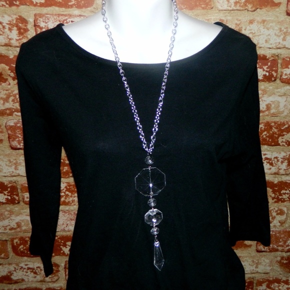 Silver Tone Chain Necklace Chandelier Crystal Bead Pendant Long Statement Drop - Picture 1 of 1